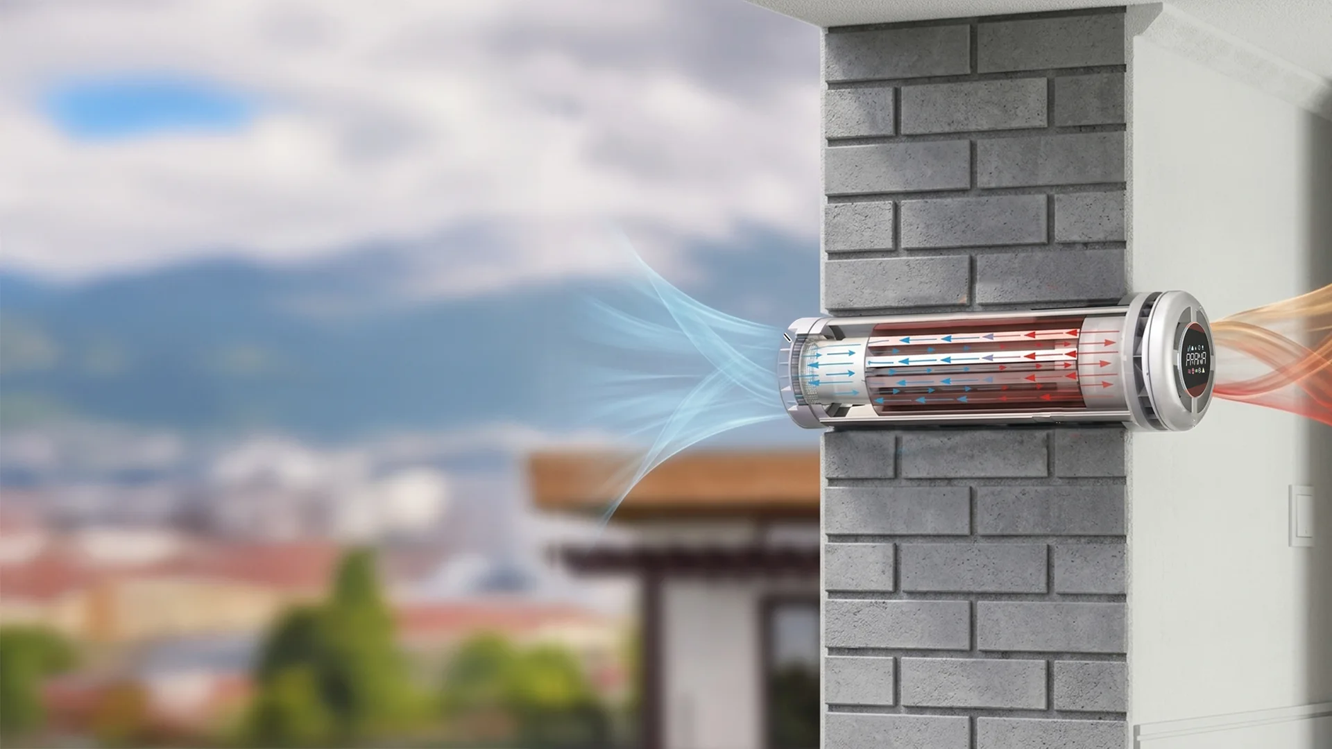 PRANA-Lüftungsgerät in der Außenwand — frische Zuluft und Abluft im Gegenstrom